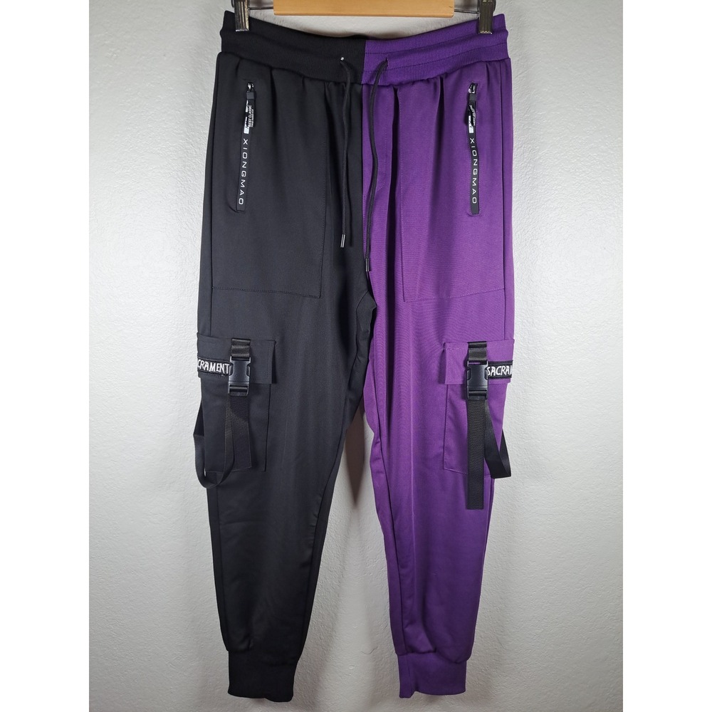 Xiongmao Purple Black Split Cargo Joggers Techwear Streetwear Pants Mens Large